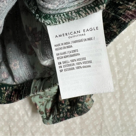 American Eagle‎ Green Blue Floral Tie Front Balloon Sleeve Top - Picture 4 of 5